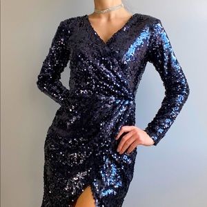 Navy Blue Wrap Sequin Mini Party Dress